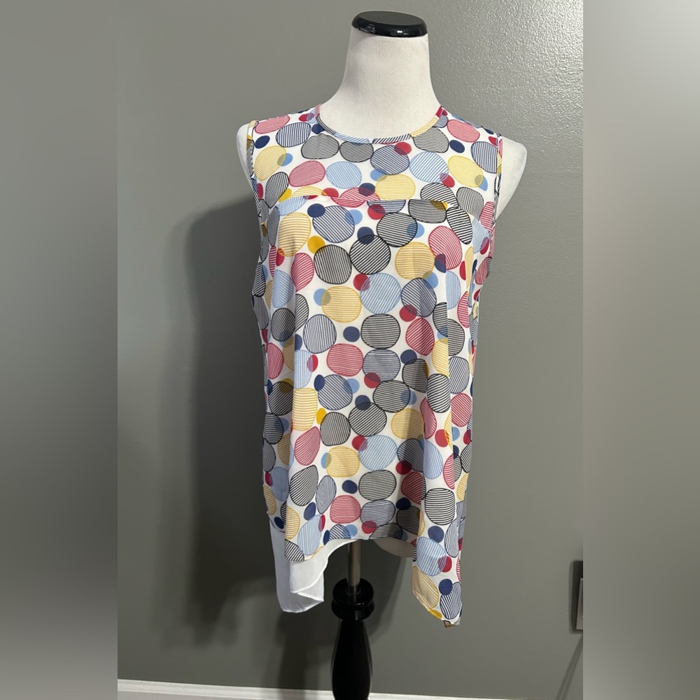 And Klein size 8 white sleeveless blouse with multicolored‎ circles, asymmetric